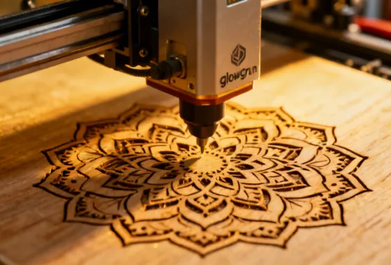 Glowforge Aura plus or minus 0.03mm precision laser cutting detail on plywood
