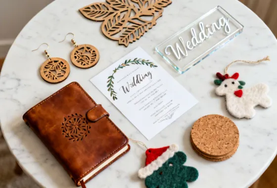 Glowforge Aura works with 15+ material types including wood, leather, acrylic, and paper