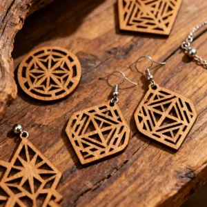 Laser cut wooden jewelry and earrings made with Glowforge Aura